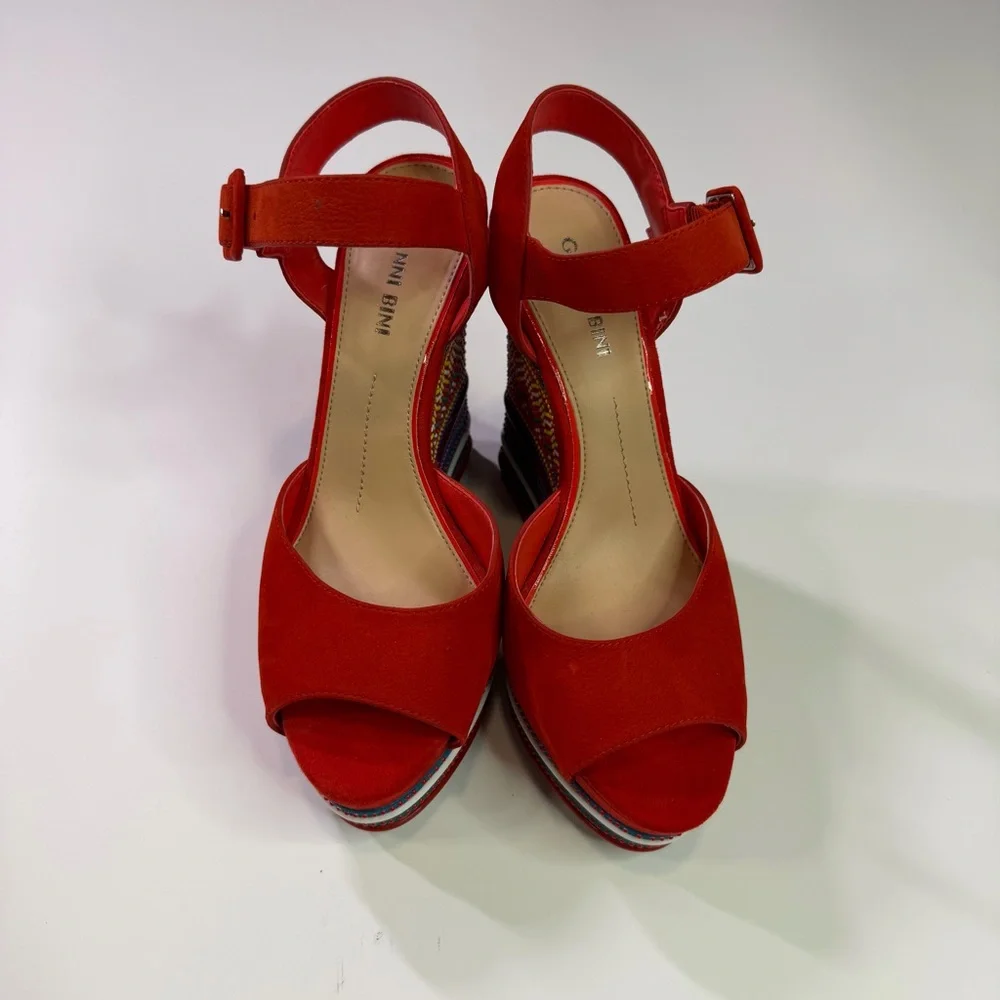 Gianni Bini Red Multicolor Embroidered Wedge Sandals